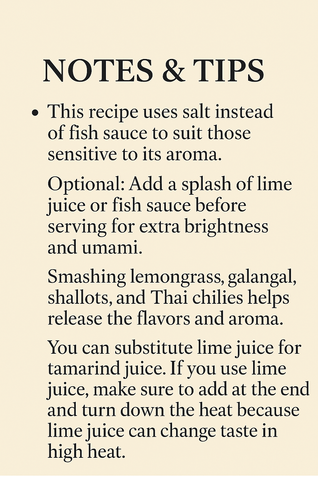 Pro tips for cooking authentic Tom Kha Gai, including lime juice and fish sauce substitutions.